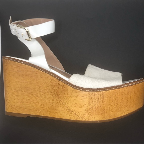 ZARA UTERQUE Platform Wood Wedge Sandal,Leather Anklet,Fur Toe,White,38 - Picture 9 of 16